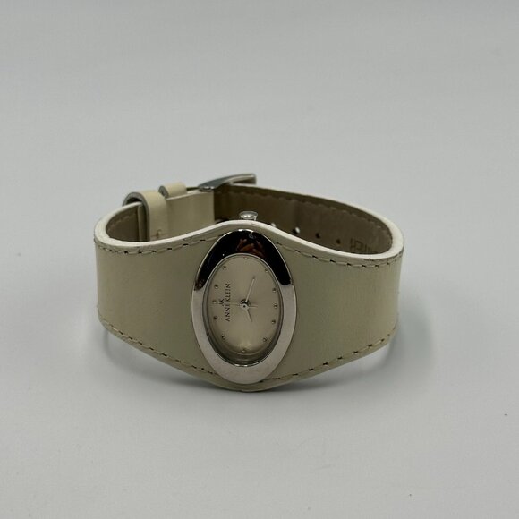 3/$30 Anne Klein Watch Women Silver Tone Cream Leather Band New Battery 8.5" - Picture 6 of 13